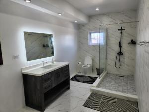 ルーシーにあるIdeal getaway within Oceanpointe gated community, never shared accommodationの洗面台と鏡付きシャワーを備えたバスルーム