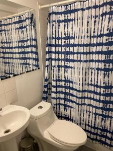 a bathroom with a toilet and a sink and a shower curtain at Departamento sector Villa Dulce Viña del Mar in Viña del Mar