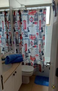 ビーニャデルマールにあるHABITACIONES VIÑA CENTRO cerca del Mall Marina y de la Playaのトイレとシャワーカーテン付きのバスルーム