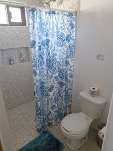 e bagno con servizi igienici e tenda per la doccia. di Tauch Cancún Centro a Cancún