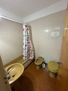 a bathroom with a sink and a toilet and a shower curtain at Naomi in Mar del Plata