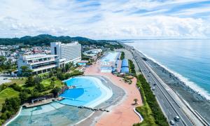 an aerial view of a beach and the ocean at Oiso Prince Hotel in Oiso