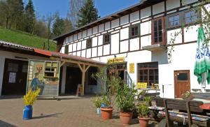 ein großes weißes Gebäude mit Pflanzen davor in der Unterkunft Alte Posthalterei in Stolberg i. Harz