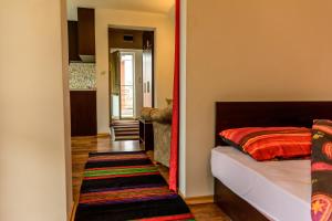 a bedroom with a bed and a mirror at Apartment Leonardo Da Vinci in Plovdiv