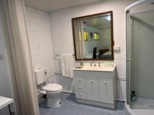 a bathroom with a sink and a toilet and a mirror at Comfortable studio in Bowen 4805 in Bowen