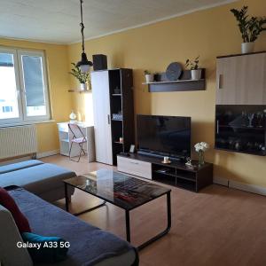 a living room with a couch and a tv at Príjemný byt s výhľadom na Bojnický zámok in Prievidza