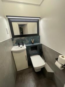 Un baño con inodoro, lavabo y espejo. en Stylish 1 bedroom Flat Brixton, en Londres