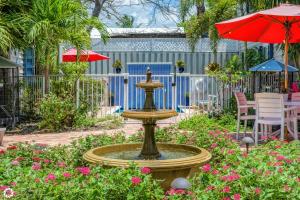 a fountain in the middle of a garden with pink flowers at Bonaire Suite in Key West