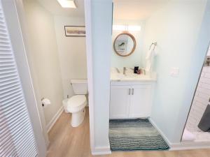 a bathroom with a toilet and a sink and a mirror at Deckside Suite Conch Republic Cottage in Key West