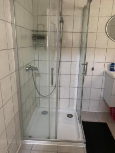 a shower with a glass door in a bathroom at ZV-Scholtz Gästehaus Eisenfelden in Winhöring +82 photos