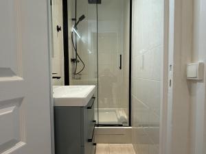 a white bathroom with a shower and a sink at Charming flat - 4 guests - 5 min from Metro and Canal in Pantin