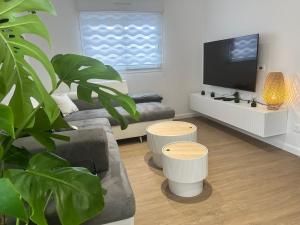 a living room with a couch and a flat screen tv at Agréable maison neuve de plain pied in Villiers-le-Sec
