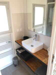 a bathroom with a sink and a mirror at Chalet Sérénité in Moux-en-Morvan +46 photos