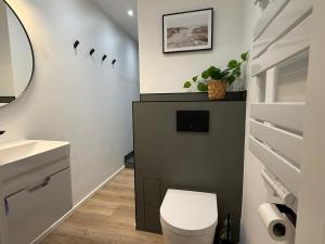 a bathroom with a toilet and a sink at Panoramablick Ostsee, Binnensee & Salzwiesen - Balkon - Stilvoll - Highspeed Glasfaser WLAN - Parkplatz - Ferienwohnung 'Freiheit' in Heiligenhafen +32 photos