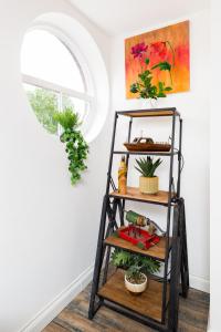 a shelf with plants in a room with a window at Printworks Building City Centre Penthouse 5 Bedrooms Sleeps 14 in Gloucester
