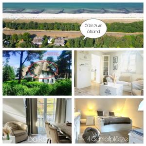 eine Collage mit Bildern eines Zimmers mit einem Haus in der Unterkunft Maisonette-Fewo unter Reet, 50m zum Meer, Strandidyll Zingst in Zingst