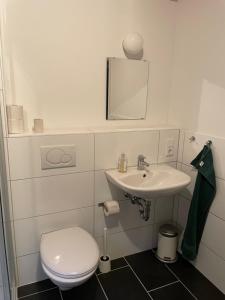 a white bathroom with a toilet and a sink at Traumhaus am See 2 in Rieden +20 photos