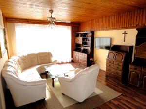ein Wohnzimmer mit einem weißen Sofa und einem Tisch in der Unterkunft Vila Caba in Křemže