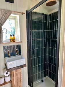 a bathroom with a sink and a shower at 'Bramley' Hut on private farm in Charsfield
