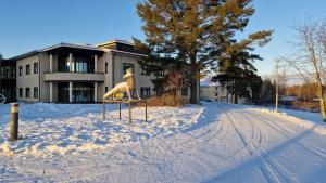 una estatua de un perro en la nieve frente a un edificio en Majoitus Fox, en Kuopio