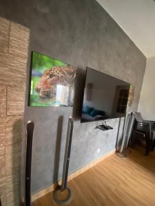 ein Wohnzimmer mit einem Flachbildfernseher an der Wand in der Unterkunft Aigrettes in Somone
