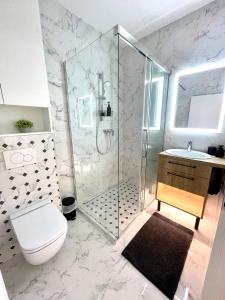 Un baño con ducha, inodoro y lavabo. en Urban CARTA I apartment, en Liptovský Mikuláš