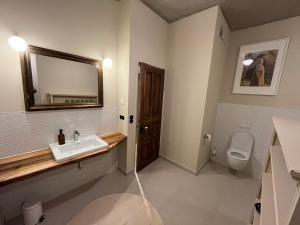 a bathroom with a sink and a toilet and a mirror at Große Loft im Naturschutzgebiet mit eigenem Garten in Templin +53 photos