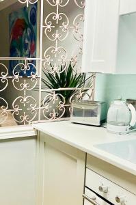 Una encimera de cocina con una tostadora y una planta. en Tin Lid Cottage - cosy ground floor flat, en Banton