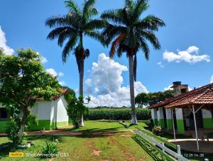 two palm trees in a yard next to a house at Pousada Sossego in São José da Barra