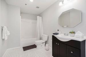 a bathroom with a toilet and a sink and a mirror at Cozy 1BR Parking, Rooftop, Near Arrowhd & TMobile in Kansas City +52 photos