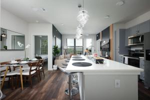 une cuisine et un salon avec un comptoir blanc dans l'établissement 2BR Urban Escape-w Prkng, Near Rvrwalk & Conv Ctr, à San Antonio