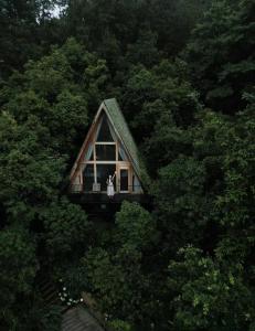 - un couple debout à la fenêtre d'une cabane dans les arbres dans l'établissement Anji ke gamer wild luxury Resort villa, à Anji