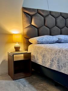 a bed with a headboard and a table with a lamp at Casa Josefina Allende Nuevo Leon in Allende