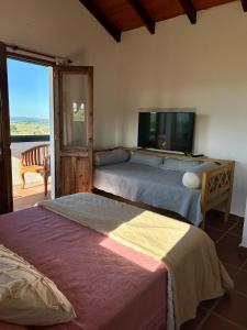 a bedroom with two beds and a tv on the wall at Cabañas Casa Flor Yacanto in Villa Yacanto