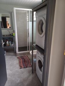 a bathroom with a washer and dryer in a bathroom at Maison de campagne la foa in Méaré