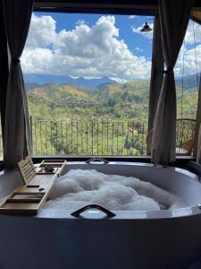a bath tub with a view of a mountain at Reserva Mauá chalés in Visconde De Maua