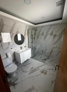 a bathroom with a toilet and a sink and a mirror at Maison Urgueira in Dornelas +32 photos