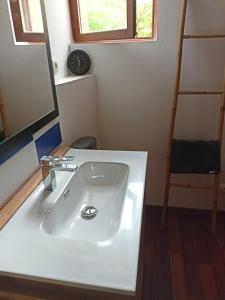 a bathroom with a white sink and a mirror at Chambre d'hôte 4 couchages in Thorigné-sur-Dué +7 photos