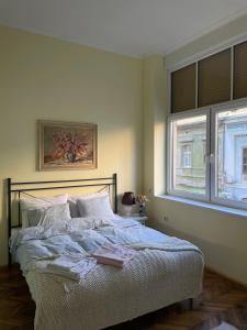 a bedroom with a bed and two windows at Ergzotic Apartments & Room in Sombor