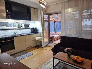 a kitchen and living room with a couch and a table at SaaUnd in Tallinn