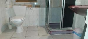 a bathroom with a toilet and a shower and a sink at L'Essentiel in Arbusigny