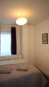 a bedroom with a bed with a light on it at Conveniently Located, 2 Bedroom Modern Apartment in Dublin