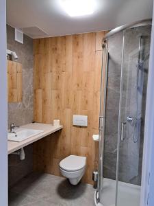 Un baño con inodoro, lavabo y ducha. en Sympo Apartments, en Cracovia 2 fotos más
