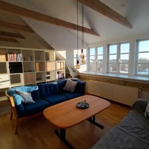 ein Wohnzimmer mit einem blauen Sofa und einem Tisch in der Unterkunft Hestegården in Fåborg