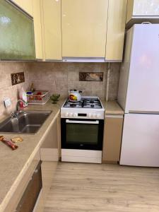 una cucina con una stufa bianca e un lavello di Elite Apartments a Bishkek