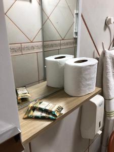 zwei Rollen Toilettenpapier auf einem Regal im Bad in der Unterkunft Pousada da Maria in São Gabriel