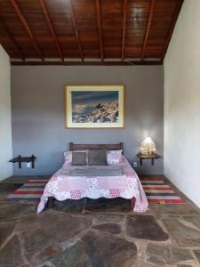 una camera da letto con un letto rosa in una stanza di Cataguás Brasil Pousada a Carrancas