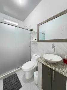 a bathroom with a toilet and a sink and a mirror at Modern Retreat in San Miguel +19 photos
