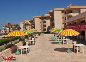 Ras El Bar Apartments Armed Forces في رأس البر: صف من الطاولات والكراسي مع المظلات