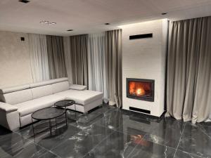a living room with a couch and a fireplace at Apartmani Vidikovac Divčibare in Divčibare +24 photos